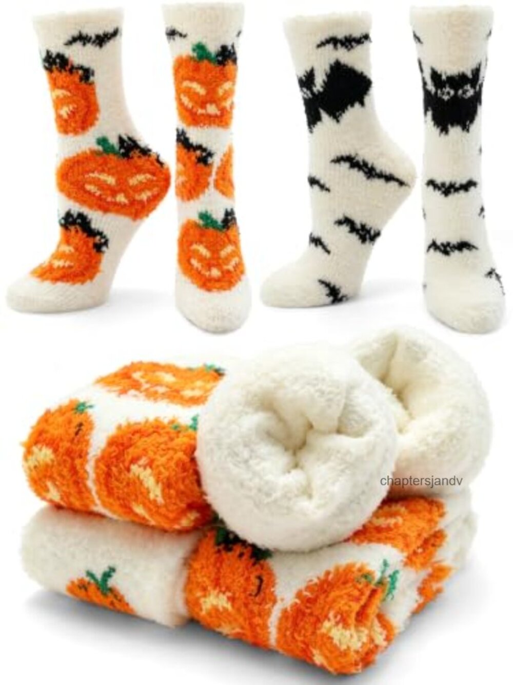 Halloween Fuzzy Socks 2 Pairs Bat & Pumpkin Cozy Slipper Socks Women